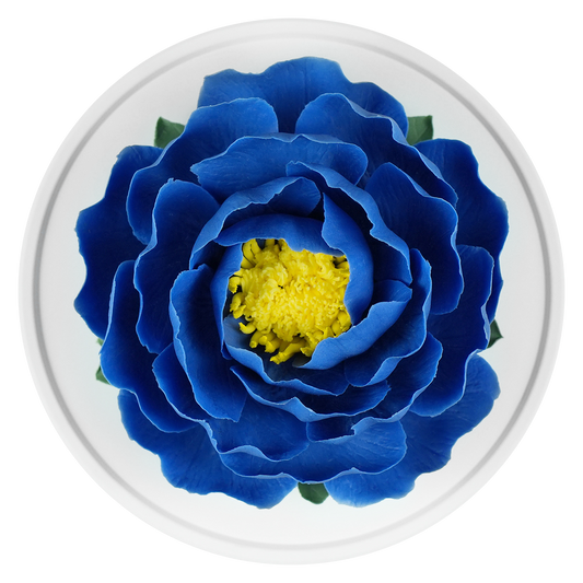 Luxury ceramic flower scent diffuser for home in blue, peony, displayed from above