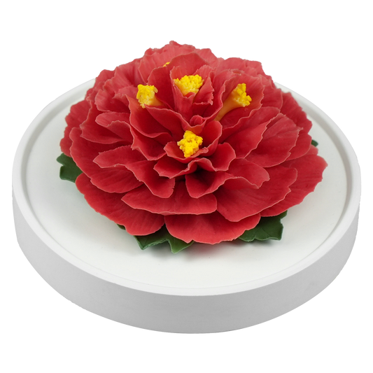 Luxury ceramic flower scent diffuser for home in red, dahlia, displayed from side