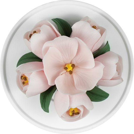 Luxury ceramic flower scent diffuser for home in pale pink, tulip, displayed from above