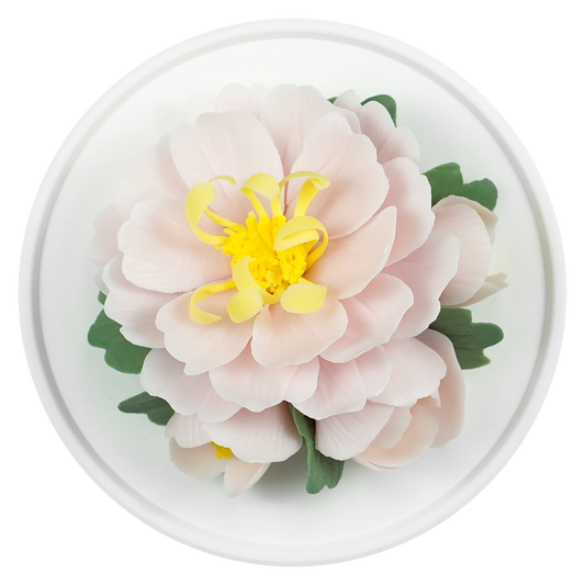 Luxury ceramic flower scent diffuser for home in pink, tree peony, displayed from above