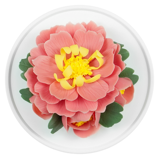 Luxury ceramic flower scent diffuser for home in red, tree peony, displayed from above