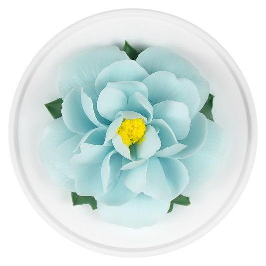 Luxury ceramic flower scent diffuser for home in pale blue, peony, displayed from above