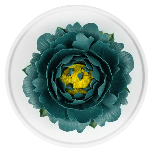 Luxury ceramic flower scent diffuser for home in dark green, peony, displayed from above