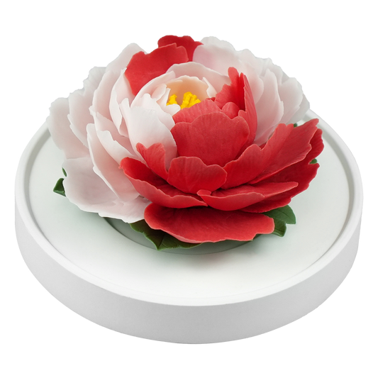 Luxury ceramic flower scent diffuser for home in pink and red, peony, displayed from side