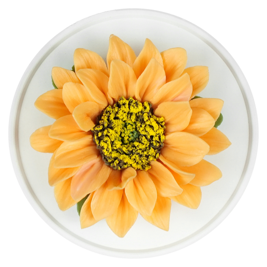 Luxury ceramic flower scent diffuser for home in orange, sunflower, displayed from above