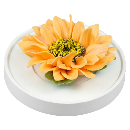 Luxury ceramic flower scent diffuser for home in orange, sunflower, displayed from side