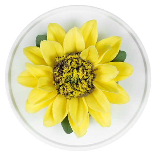 Luxury ceramic flower scent diffuser for home in yellow, sunflower, displayed from above